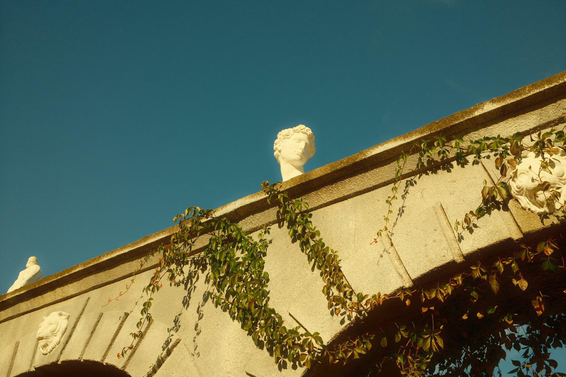 Classical Roman sculpture heads with ivy against blue sky